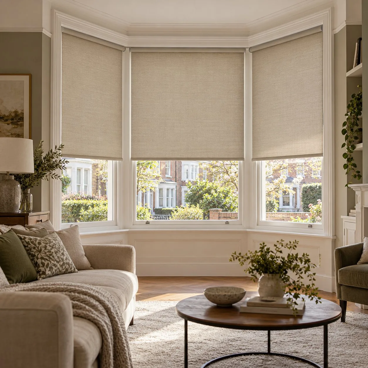 Made-to-measure Bay window blinds shown in a real home setting