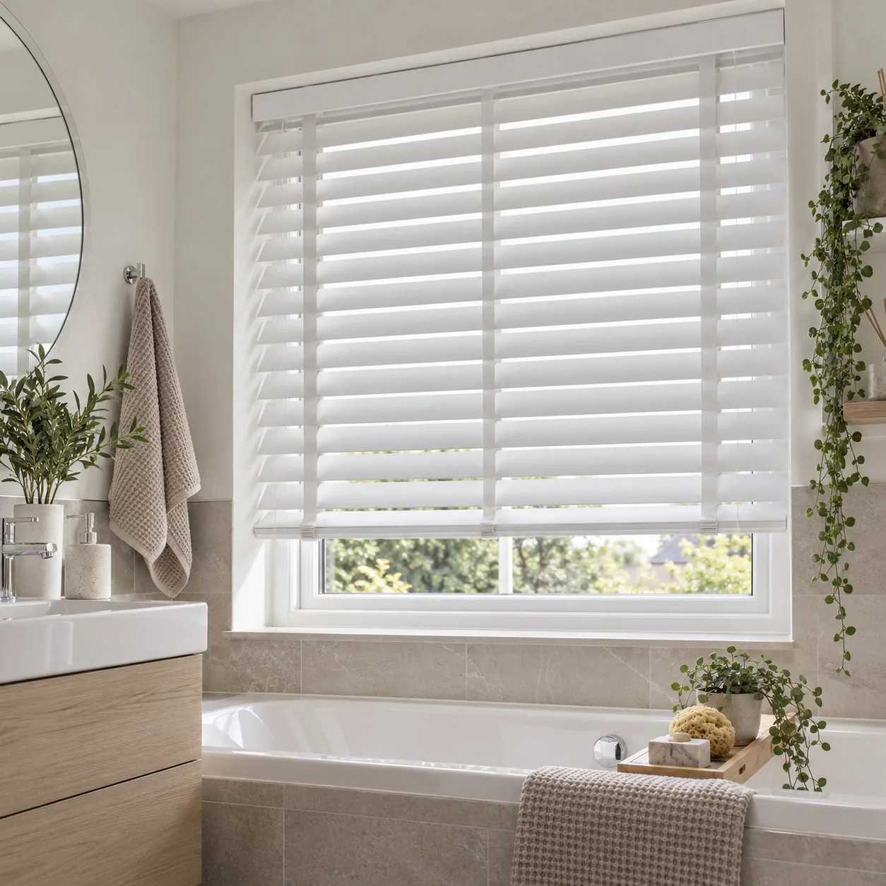 Made-to-measure Faux wood blinds shown in a real home setting