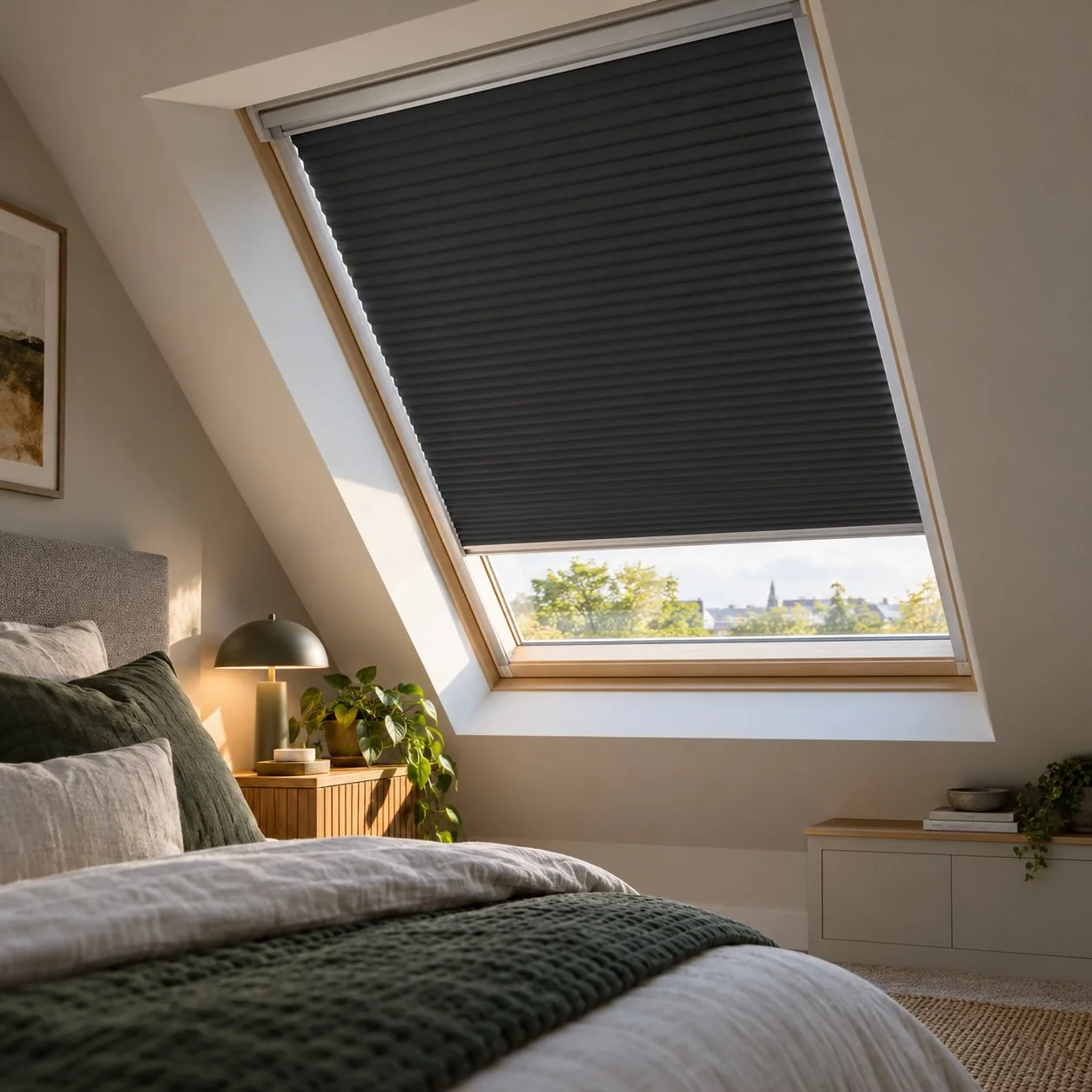 Made-to-measure Skylight blinds shown in a real home setting