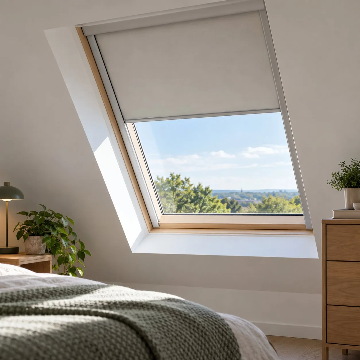 Made-to-measure Velux blinds shown in a real home setting