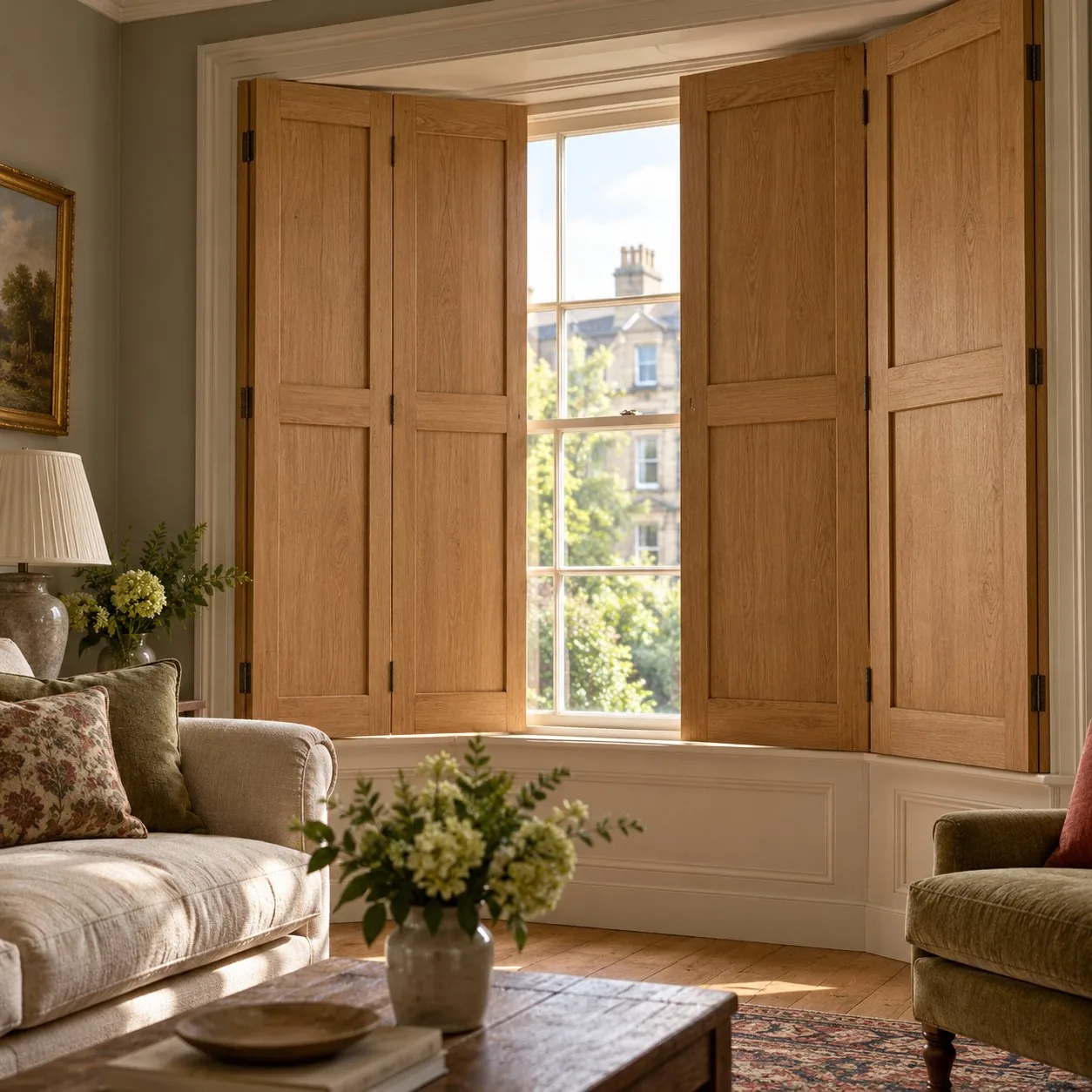 Made-to-measure Solid wood shutters shown in a real home setting