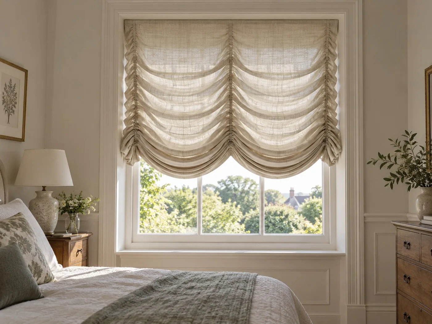 Made-to-measure Austrian blinds shown in a real home setting