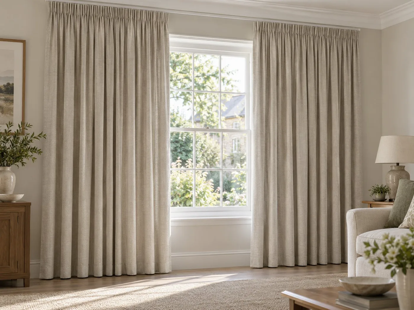Made-to-measure Pencil pleat curtains shown in a real home setting